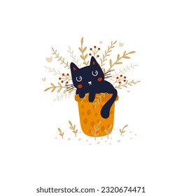 Cute cat sitting in a flower pot. Vector illustrations