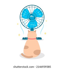 Cute cat sitting in front of blue fan with cool breeze on white background flat vector icon design.