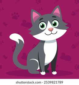 Cute cat sitting. Funny cartoon cool character. Portrait of adorable little stray cat. Vector illustration character design with flat color.