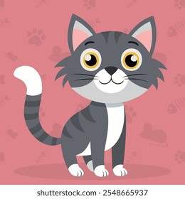 Cute cat sitting. Funny cartoon cool kitty character. Portrait of adorable little stray cat. Vector illustration cat character design with flat color.