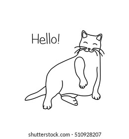 Cute cat sitting in a funny pose. Vector illustration in black and white style.