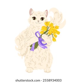 Cute cat sitting. Furry kitten with flowers. Bouquet with yellow crocuses and purple ribbon. Cartoon character design. Vector hand drawn illustration for print, postcard