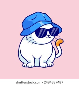 Cute Cat Sitting With Hat And Glasses Cartoon Vector Icon Illustration. Animal Nature Icon Concept Isolated Premium Vector. Flat Cartoon Style