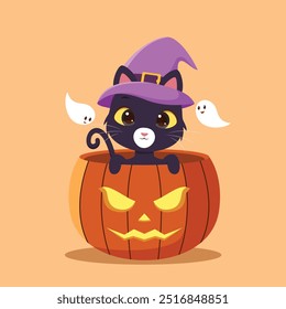 Cute cat sitting at helloween scary pumpkin with witch hat cartoon