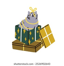 Cute cat sitting inside Christmas gift box. Playful kitty with ribbon bow, winter holiday fun. Funny feline hiding in present, festive surprise. Flat vector illustration isolated on white background