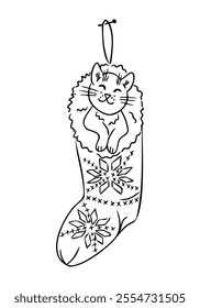 Cute cat sitting inside Christmas stocking decorated with snowflake patterns. Vector hand drawn contour drawing for coloring pages isolated on white background