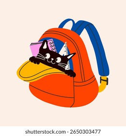 Cute cat sitting inside a school backpack with playful expression symbolizing back to school and student life