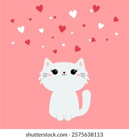 Cute cat sitting. Kawaii face head. White fluffy kitten. White red hearts. Happy Valentines Day. Cartoon funny kitty character. Animal in love. Greeting card. Flat design. Pink background. Vector