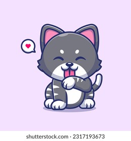 Cute Cat Sitting And Lick Hand Cartoon Vector Icon Illustration. Animal Nature Icon Concept Isolated Premium Vector. Flat Cartoon Style