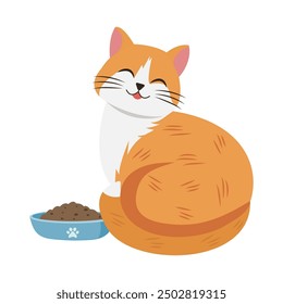 Cute cat sitting near a bowl of food.Feeding pet with kibble or wet food. Flat vector illustration