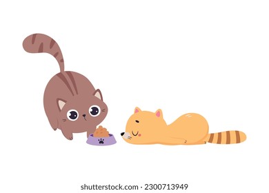 Cute Cat Sitting Near Feed Bowl and Sleeping Vector Illustration