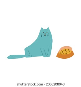 Cute cat sitting near the pet plat waiting for food. Social media or messenger sticker. Vector illustration in hand drawn flat cartoon style.