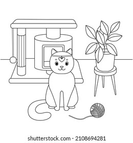Cute cat sitting next to his  game town, room, flower, on a white background, coloring book for kids. Simple form, sketch, doodle.