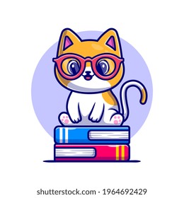Cute Cat Sitting On Book Stack Cartoon Vector Icon Illustration. Animal Education Icon Concept Isolated Premium Vector. Flat Cartoon Style