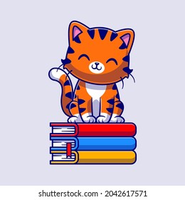 Cute Cat Sitting On Book Cartoon Vector Icon Illustration. Animal Education Icon Concept Isolated Premium Vector. Flat Cartoon Style