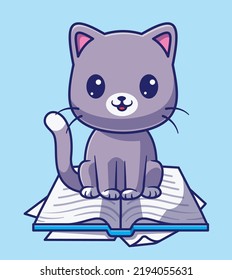 Cute cat sitting on book cartoon vector icon illustration.animal education icon concept isolated premium vector. flat cartoon