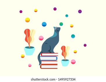 Cute cat sitting on books. Flat vector illustration.