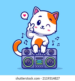 Cute Cat Sitting On Boombox Radio Cartoon Vector Icon Illustration. Animal Music Icon Concept Isolated Premium Vector. Flat Cartoon Style