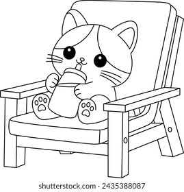 The cute cat is sitting on the chair and drinking milk colouring page