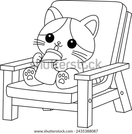 The cute cat is sitting on the chair and drinking milk colouring page