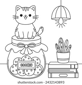 Cute cat is sitting on cookie jar coloring page