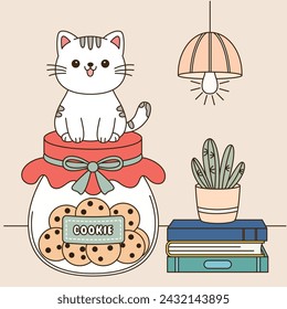 Cute cat is sitting on cookie jar coloring page illustration