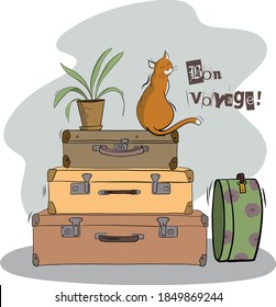 Cute cat sitting on the couple of suitcases, bon voyage illustration