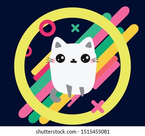 Cute cat sitting on a dark geometric background in Memphis style. Dynamic figures and a kitten. Modern bright graphic design. Cat party, music festival logo, icon. Pets collection. Vector illustration