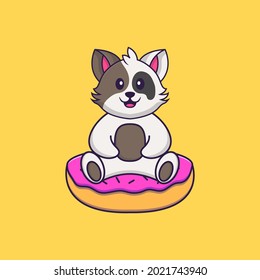 Cute cat is sitting on donuts. Animal cartoon concept isolated. Can used for t-shirt, greeting card, invitation card or mascot.