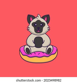 Cute cat is sitting on donuts. Animal cartoon concept isolated. Can used for t-shirt, greeting card, invitation card or mascot.