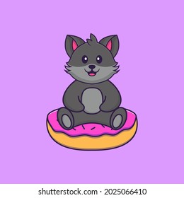 Cute cat is sitting on donuts. Animal cartoon concept isolated. Can used for t-shirt, greeting card, invitation card or mascot.