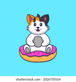 El gato lindo está sentado sobre los donuts. El concepto de caricatura animal aislado. Puede usarse para camisetas, tarjetas de felicitación, tarjetas de invitación o mascota.