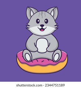 Cute cat is sitting on donuts. Animal cartoon concept isolated. Can used for t-shirt, greeting card, invitation card or mascot
