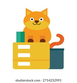Gato bonito sentado no armário de arquivamento segurando documentos de escritório, ilustração vetorial, gato profissional, organização do local de trabalho, escritório corporativo, conceito de produtividade