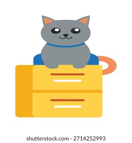 Gato bonito sentado no armário de arquivamento segurando documentos de escritório, ilustração vetorial, gato profissional, organização do local de trabalho, escritório corporativo, conceito de produtividade