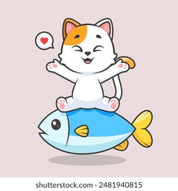 Cute Cat Sitting On Fish Cartoon Vector Icon Illustration. Animal Food Icon Concept Isolated Premium Vector. Flat Cartoon Style