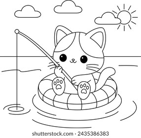 The cute cat is sitting on the float and fishing coloring page.