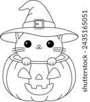 The cute cat sitting on a Halloween pumpkins coloring page.
