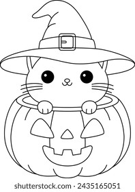The cute cat sitting on a Halloween pumpkins coloring page.