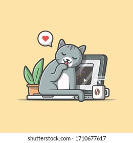Cute Cat Sitting On Laptop with Coffee and Plant Vector Illustration. Developer and Programmer Icon. Coding. Flat Cartoon Style Suitable for Web Landing Page, Banner, Flyer, Sticker, Card, Background