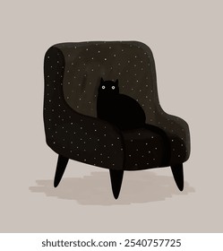 Gato Lindo Sentado En Un Sillón Grande. Divertida Ilustración vectorial dibujada a mano para los amantes de los gatos. Gatito Negro En Una Silla De Puntos Negros. Fondo gris. Gatito feliz. Gato negro en la noche. RGB.