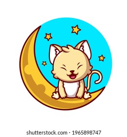 Cute Cat Sitting On Moon With Stars Cartoon Vector Icon Illustration. Animal Nature Icon Concept Isolated Premium Vector. Flat Cartoon Style