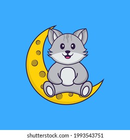Cute cat is sitting on the moon. Animal cartoon concept isolated. Can used for t-shirt, greeting card, invitation card or mascot.