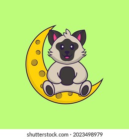 Cute cat is sitting on the moon. Animal cartoon concept isolated. Can used for t-shirt, greeting card, invitation card or mascot.