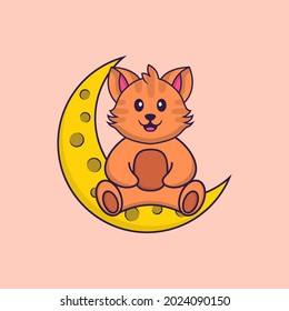 Cute cat is sitting on the moon. Animal cartoon concept isolated. Can used for t-shirt, greeting card, invitation card or mascot.
