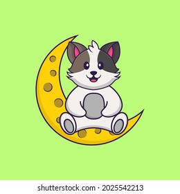 Cute cat is sitting on the moon. Animal cartoon concept isolated. Can used for t-shirt, greeting card, invitation card or mascot.