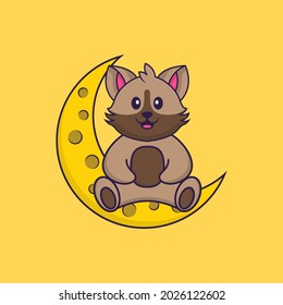 Cute cat is sitting on the moon. Animal cartoon concept isolated. Can used for t-shirt, greeting card, invitation card or mascot.