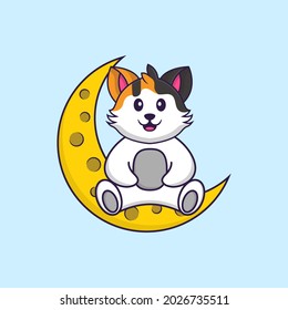 Cute cat is sitting on the moon. Animal cartoon concept isolated. Can used for t-shirt, greeting card, invitation card or mascot.