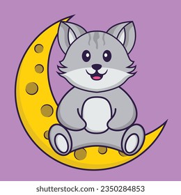 Cute cat is sitting on the moon. Animal cartoon concept isolated. Can used for t-shirt, greeting card, invitation card or mascot