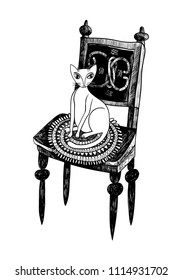 Cute cat sitting on an old chair. Hand-drawn vector illustration. Doodle style.